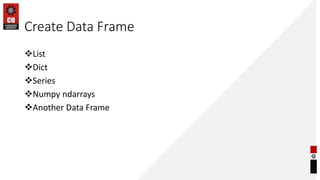 Create Data Frame
List
Dict
Series
Numpy ndarrays
Another Data Frame
 