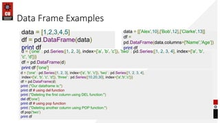 Data Frame Examples
data = [1,2,3,4,5]
df = pd.DataFrame(data)
print df
data = [['Alex',10],['Bob',12],['Clarke',13]]
df =
pd.DataFrame(data,columns=['Name','Age’])
print df
d = {'one' : pd.Series([1, 2, 3], index=['a', 'b', 'c']), 'two' : pd.Series([1, 2, 3, 4], index=['a', 'b',
'c', 'd'])}
df = pd.DataFrame(d)
print df ['one']
d = {'one' : pd.Series([1, 2, 3], index=['a', 'b', 'c']), 'two' : pd.Series([1, 2, 3, 4],
index=['a', 'b', 'c', 'd']), 'three' : pd.Series([10,20,30], index=['a','b','c'])}
df = pd.DataFrame(d)
print ("Our dataframe is:")
print df # using del function
print ("Deleting the first column using DEL function:")
del df['one’]
print df # using pop function
print ("Deleting another column using POP function:")
df.pop('two’)
print df
 