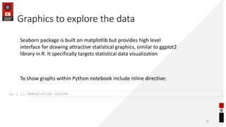 Graphics to explore the data
28
To show graphs within Python notebook include inline directive:
In [ ]: %matplotlib inline
Seaborn package is built on matplotlib but provides high level
interface for drawing attractive statistical graphics, similar to ggplot2
library in R. It specifically targets statistical data visualization
 