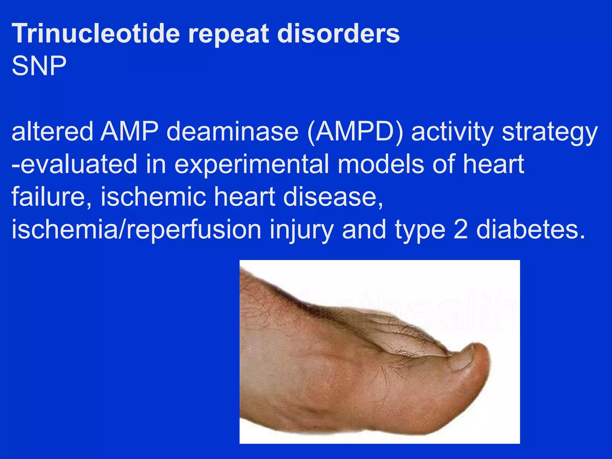 Trinucleotide repeat disorders
SNP
altered AMP deaminase (AMPD) activity strategy
-evaluated in experimental models of heart
failure, ischemic heart disease,
ischemia/reperfusion injury and type 2 diabetes.
 