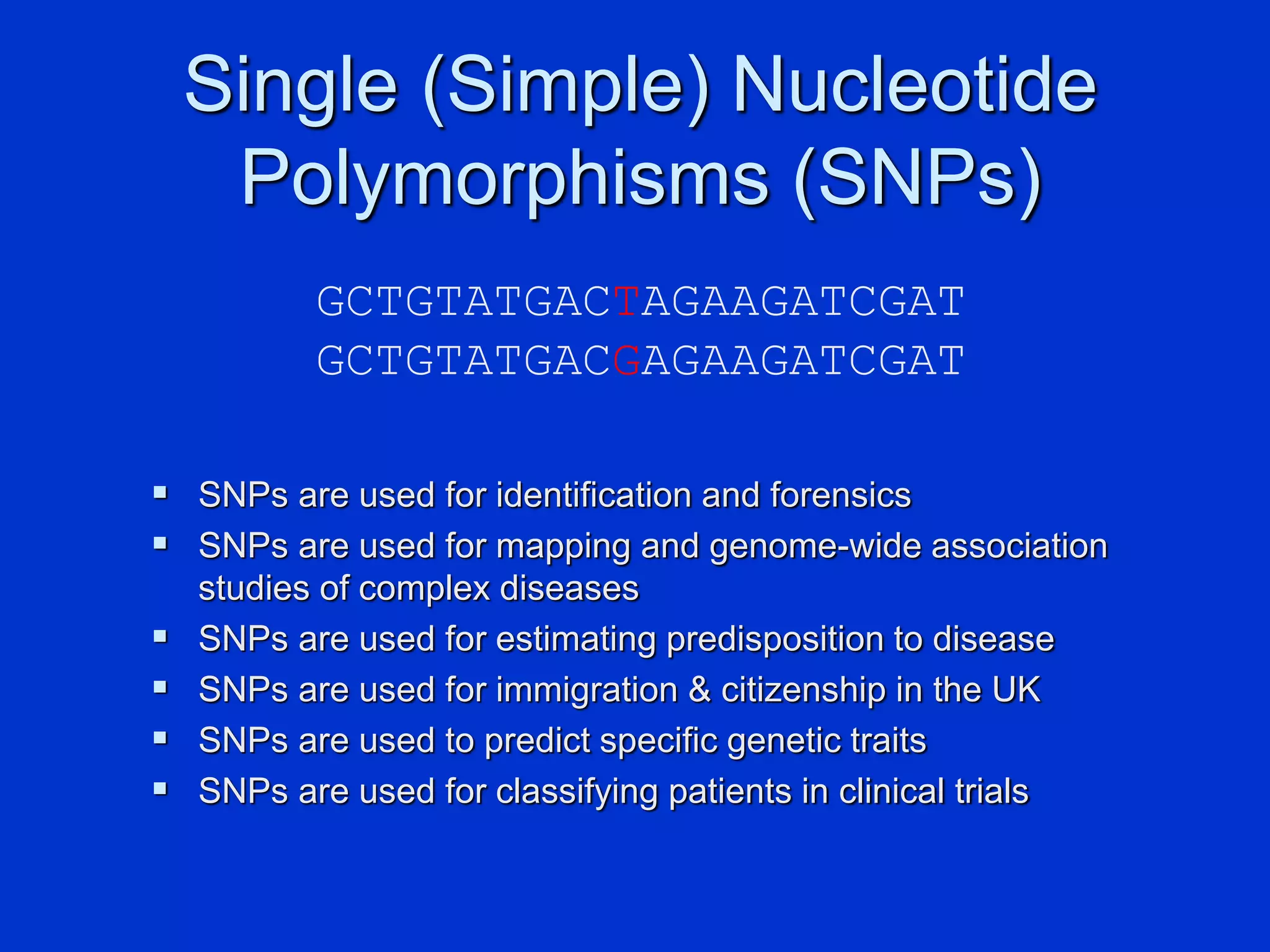 Single (Simple) Nucleotide
Polymorphisms (SNPs)
 SNPs are used for identification and forensics
 SNPs are used for mapping and genome-wide association
studies of complex diseases
 SNPs are used for estimating predisposition to disease
 SNPs are used for immigration & citizenship in the UK
 SNPs are used to predict specific genetic traits
 SNPs are used for classifying patients in clinical trials
GCTGTATGACTAGAAGATCGAT
GCTGTATGACGAGAAGATCGAT
 