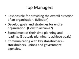 Top Managers
• Responsible for providing the overall direction
of an organization. (Mission)
• Develop goals and strategies for entire
organization. (How to achieve?)
• Spend most of their time planning and
leading. (Strategic planning to achieve goals)
• Communicating with key stakeholders –
stockholders, unions and government
agencies.
 