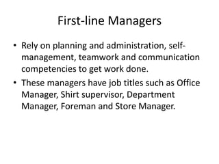First-line Managers
• Rely on planning and administration, self-
management, teamwork and communication
competencies to get work done.
• These managers have job titles such as Office
Manager, Shirt supervisor, Department
Manager, Foreman and Store Manager.
 