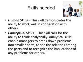 Skills needed
• Human Skills – This skill demonstrates the
ability to work well in cooperation with
others.
• Conceptual Skills – This skill calls for the
ability to think analytically. Analytical skills
enable managers to break down problems
into smaller parts, to see the relations among
the parts and to recognize the implications of
any problems for others.
 