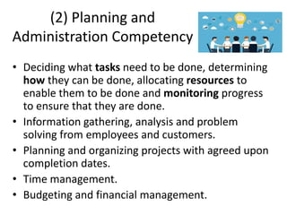 (2) Planning and
Administration Competency
• Deciding what tasks need to be done, determining
how they can be done, allocating resources to
enable them to be done and monitoring progress
to ensure that they are done.
• Information gathering, analysis and problem
solving from employees and customers.
• Planning and organizing projects with agreed upon
completion dates.
• Time management.
• Budgeting and financial management.
 
