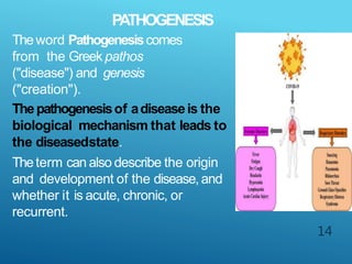 PATHOGENESIS
14
Theword Pathogenesiscomes
from the Greek pathos
("disease") and genesis
("creation").
Thepathogenesisof adiseaseis the
biological mechanism that leads to
the diseasedstate.
Theterm can also describe the origin
and development of the disease, and
whether it is acute, chronic, or
recurrent.
 