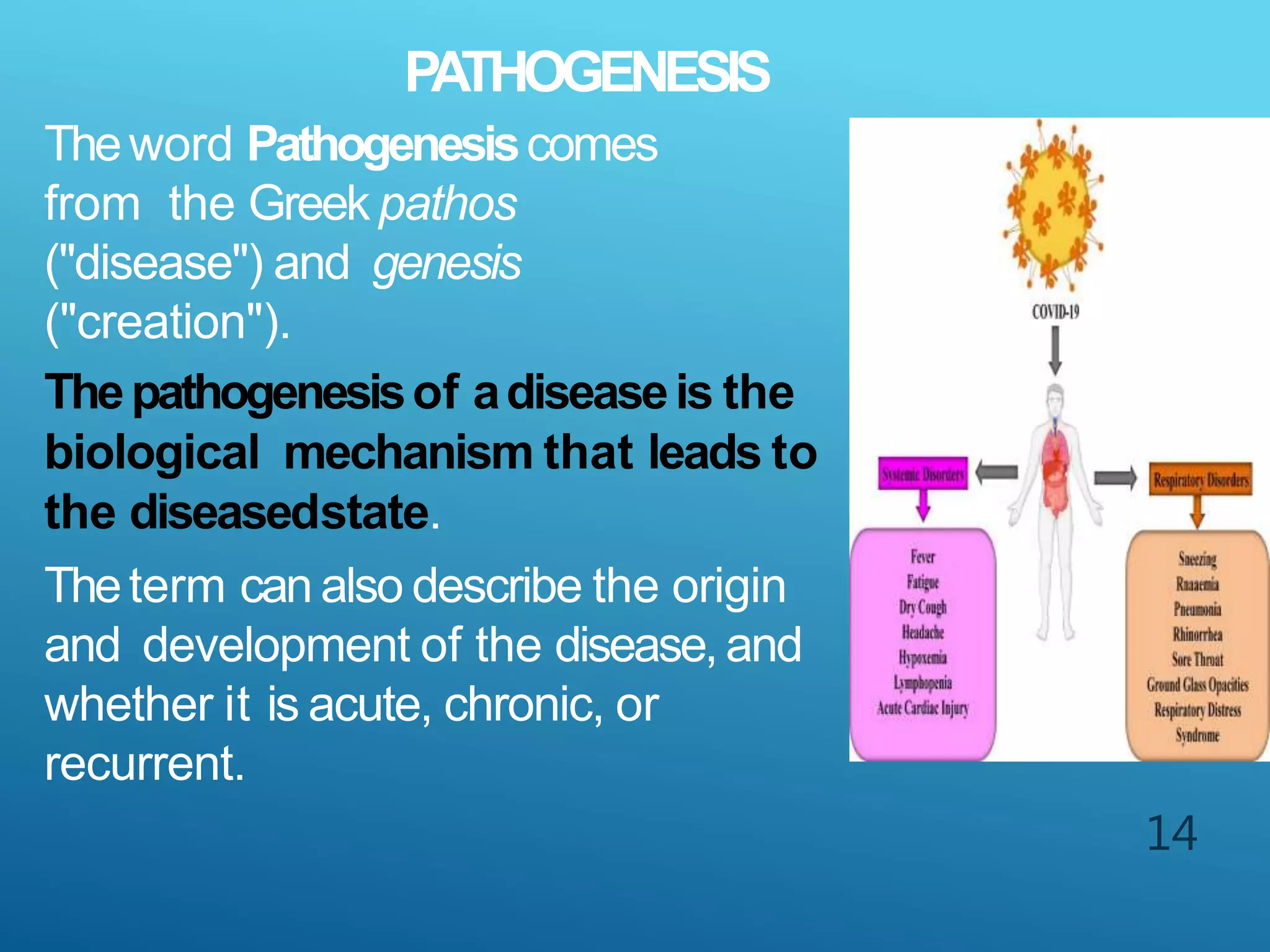 PATHOGENESIS
14
Theword Pathogenesiscomes
from the Greek pathos
("disease") and genesis
("creation").
Thepathogenesisof adiseaseis the
biological mechanism that leads to
the diseasedstate.
Theterm can also describe the origin
and development of the disease, and
whether it is acute, chronic, or
recurrent.
 