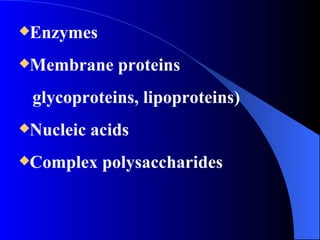 Enzymes Membrane proteins glycoproteins, lipoproteins) Nucleic acids Complex polysaccharides 