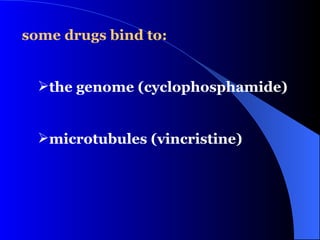 some drugs bind to: the genome (cyclophosphamide) microtubules (vincristine) 