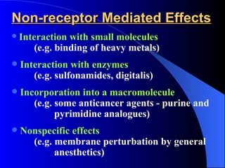 Non-receptor Mediated Effects Interaction with small molecules   (e.g. binding of heavy metals) Interaction with enzymes   (e.g. sulfonamides, digitalis) Incorporation into a macromolecule   (e.g. some anticancer agents - purine and    pyrimidine analogues) Nonspecific effects   (e.g. membrane perturbation by general    anesthetics) 