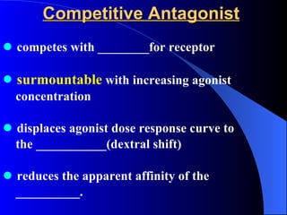 Competitive Antagonist competes with ________for receptor surmountable  with increasing agonist  concentration displaces agonist dose response curve to  the ___________(dextral shift) reduces the apparent affinity of the __________.  