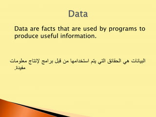 Data are facts that are used by programs to
produce useful information.
‫البيانات‬‫هي‬‫الحقائق‬‫التي‬‫يتم‬‫استخدامها‬‫من‬‫قبل‬‫برامج‬‫إلنتاج‬‫معلومات‬
‫مفيدة‬.
 