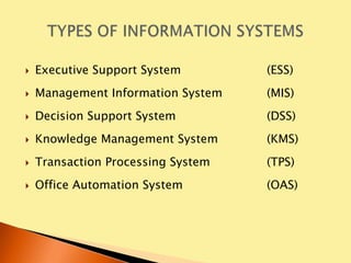    Executive Support System        (ESS)
   Management Information System   (MIS)
   Decision Support System         (DSS)
   Knowledge Management System     (KMS)
   Transaction Processing System   (TPS)
   Office Automation System        (OAS)
 