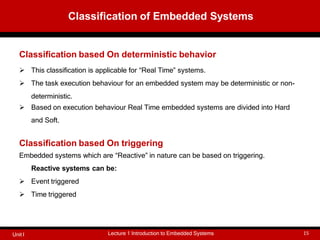Classification based On deterministic behavior
 This classification is applicable for “Real Time” systems.
 The task execution behaviour for an embedded system may be deterministic or non-
deterministic.
 Based on execution behaviour Real Time embedded systems are divided into Hard
and Soft.
Classification based On triggering
Embedded systems which are “Reactive” in nature can be based on triggering.
Reactive systems can be:
 Event triggered
 Time triggered
Classification of Embedded Systems
Lecture 1 Introduction to Embedded Systems 15
Unit I
 