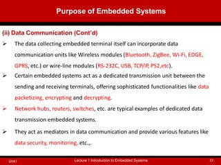 (ii) Data Communication (Cont’d)
 The data collecting embedded terminal itself can incorporate data
communication units like Wireless modules (Bluetooth, ZigBee, Wi-Fi, EDGE,
GPRS, etc.) or wire-line modules (RS-232C, USB, TCP/IP, PS2,etc).
 Certain embedded systems act as a dedicated transmission unit between the
sending and receiving terminals, offering sophisticated functionalities like data
packetizing, encrypting and decrypting.
 Network hubs, routers, switches, etc. are typical examples of dedicated data
transmission embedded systems.
 They act as mediators in data communication and provide various features like
data security, monitoring, etc.,.
Purpose of Embedded Systems
Lecture 1 Introduction to Embedded Systems 22
Unit I
 
