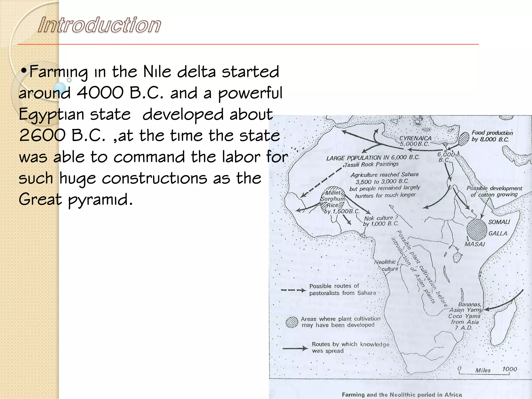 Introduction
•Farming in the Nile delta started
around 4000 B.C. and a powerful
Egyptian state developed about
2600 B.C. ,at the time the state
was able to command the labor for
such huge constructions as the
Great pyramid.
 