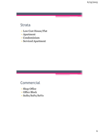 6/23/2015
6
Strata
• Low Cost House/Flat
• Apartment
• Condominium
• Serviced Apartment
Commercial
• Shop Office
• Office Block
• SoHo/SoFo/SoVo
 