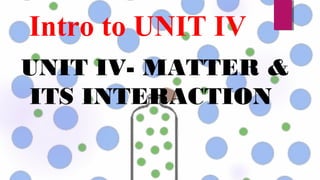 UNIT IV- MATTER &
ITS INTERACTION
Intro to UNIT IV
 