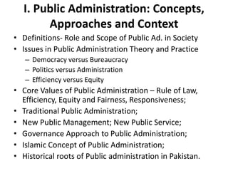 I. Public Administration: Concepts,
Approaches and Context
• Definitions- Role and Scope of Public Ad. in Society
• Issues in Public Administration Theory and Practice
– Democracy versus Bureaucracy
– Politics versus Administration
– Efficiency versus Equity
• Core Values of Public Administration – Rule of Law,
Efficiency, Equity and Fairness, Responsiveness;
• Traditional Public Administration;
• New Public Management; New Public Service;
• Governance Approach to Public Administration;
• Islamic Concept of Public Administration;
• Historical roots of Public administration in Pakistan.
 