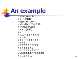 20
An example
> # An example
> x <- c(1:10)
> x[(x>8) | (x<5)]
> # yields 1 2 3 4 9 10
> # How it works
> x <- c(1:10)
> x
>1 2 3 4 5 6 7 8 9 10
> x > 8
> F F F F F F F F T T
> x < 5
> T T T T F F F F F F
> x > 8 | x < 5
> T T T T F F F F T T
> x[c(T,T,T,T,F,F,F,F,T,T)]
> 1 2 3 4 9 10
 