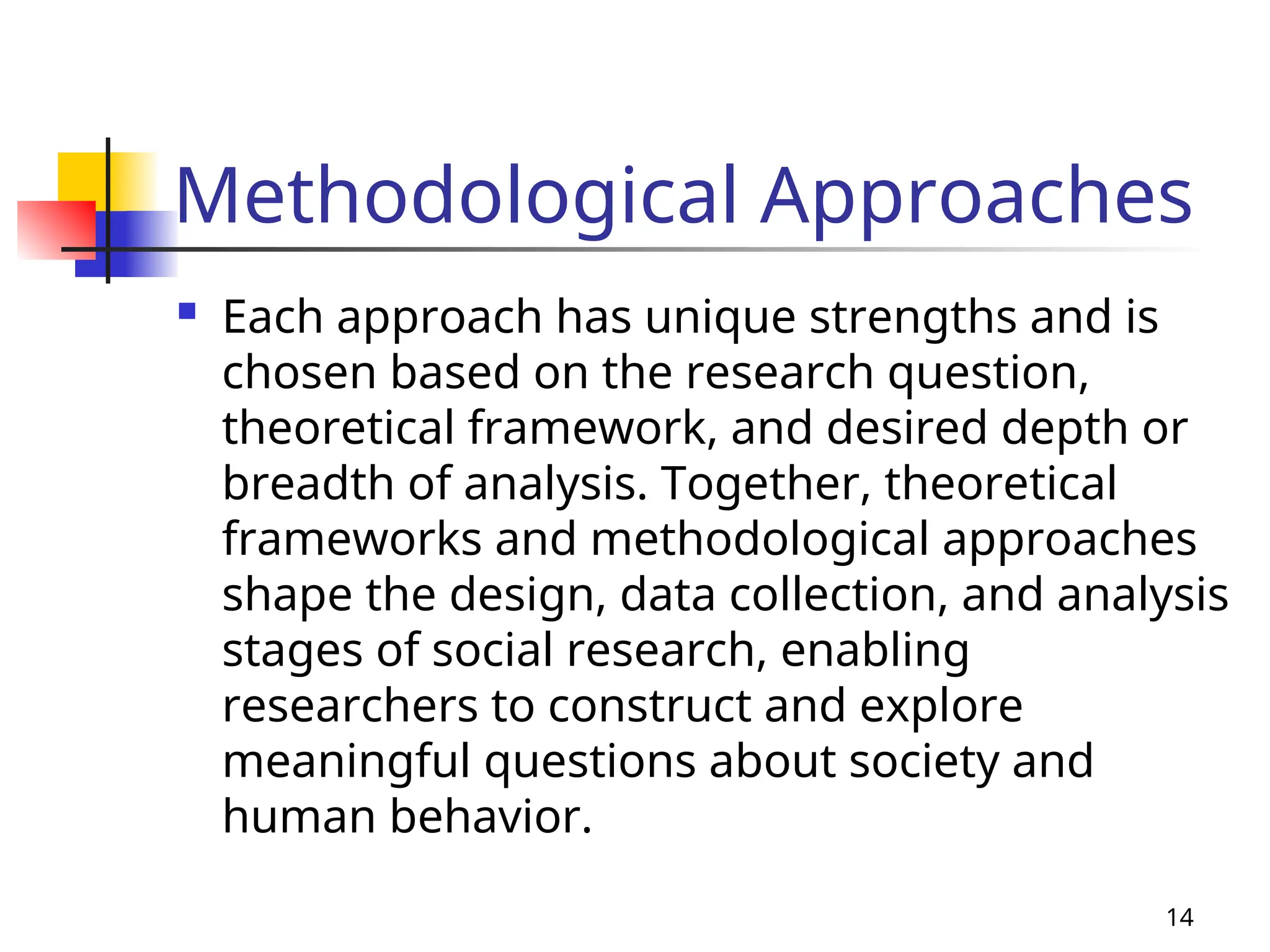 Methodological Approaches
 Each approach has unique strengths and is
chosen based on the research question,
theoretical framework, and desired depth or
breadth of analysis. Together, theoretical
frameworks and methodological approaches
shape the design, data collection, and analysis
stages of social research, enabling
researchers to construct and explore
meaningful questions about society and
human behavior.
14
 