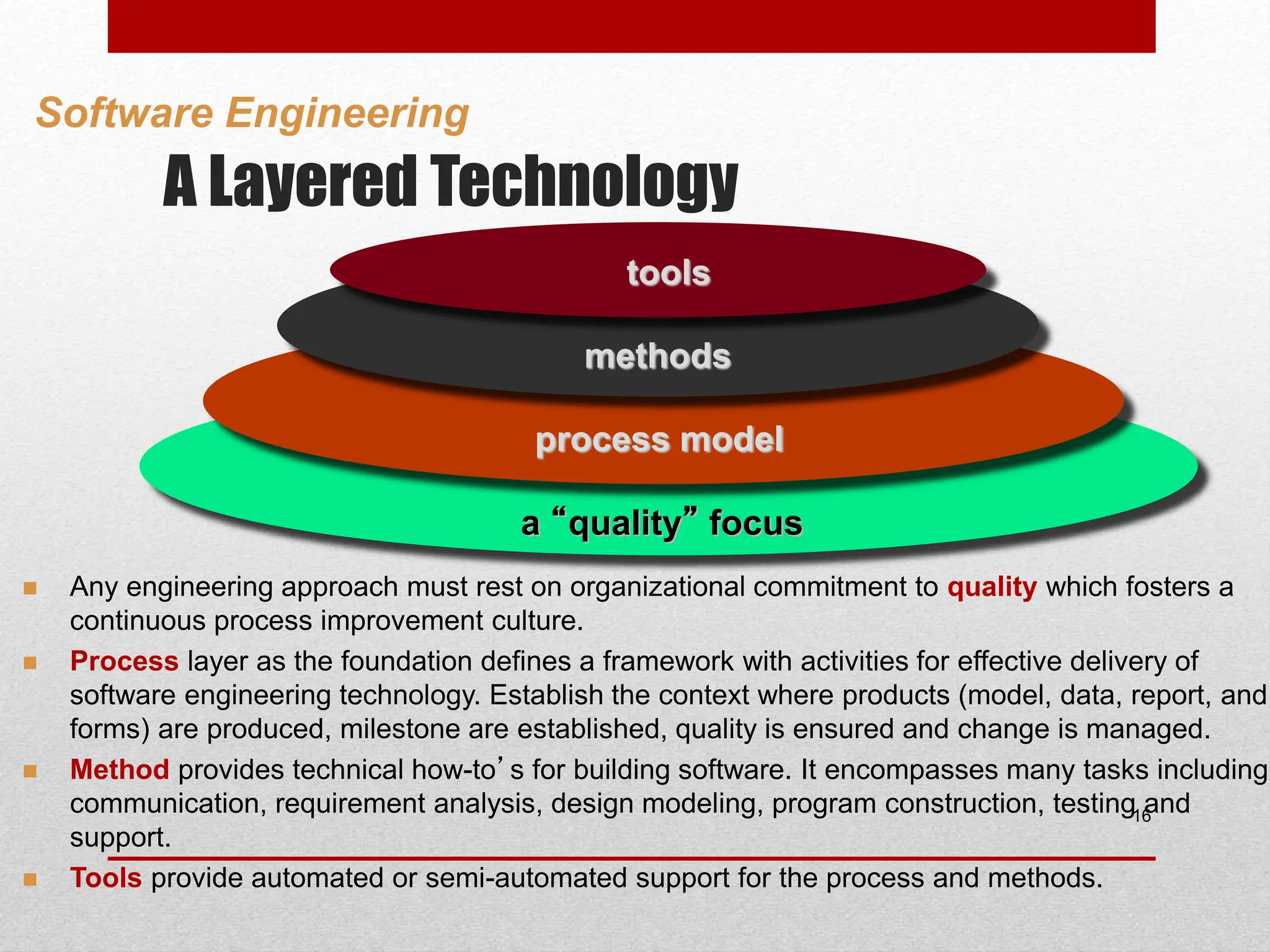 A Layered Technology 16 Software Engineering a “quality” focus process model methods tools  Any engineering approach must rest on organizational commitment to quality which fosters a continuous process improvement culture.  Process layer as the foundation defines a framework with activities for effective delivery of software engineering technology. Establish the context where products (model, data, report, and forms) are produced, milestone are established, quality is ensured and change is managed.  Method provides technical how-to’s for building software. It encompasses many tasks including communication, requirement analysis, design modeling, program construction, testing and support.  Tools provide automated or semi-automated support for the process and methods. 