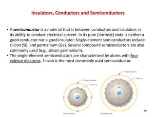 16
• A semiconductor is a material that is between conductors and insulators in
its ability to conduct electrical current. In its pure (intrinsic) state is neither a
good conductor nor a good insulator. Single-element semiconductors include
silicon (Si), and germanium (Ge). Several compound semiconductors are also
commonly used (e.g., silicon germanium).
• The single-element semiconductors are characterized by atoms with four
valence electrons. Silicon is the most commonly used semiconductor.
Insulators, Conductors and Semiconductors
 