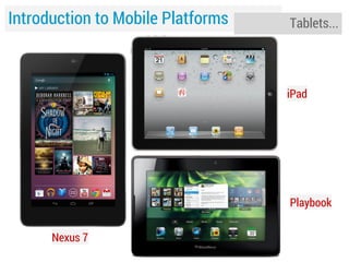 Introduction to Mobile Platforms

Tablets...

iPad

Playbook
Nexus 7

 