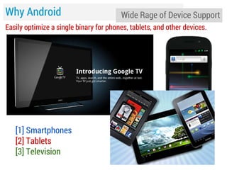 Why Android

Wide Rage of Device Support

Easily optimize a single binary for phones, tablets, and other devices.

[1] Smartphones
[2] Tablets
[3] Television

 