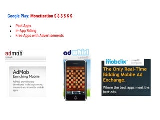 Google Play: Monetization $ $ $ $ $ $
●
●
●

Paid Apps
In-App Billing
Free Apps with Advertisements

 