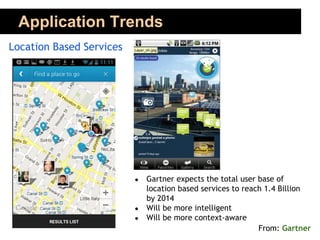 Application Trends
Location Based Services

●

●
●

Gartner expects the total user base of
location based services to reach 1.4 Billion
by 2014
Will be more intelligent
Will be more context-aware
From: Gartner

 