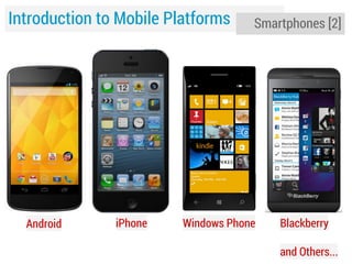 Introduction to Mobile Platforms

Android

iPhone

Smartphones [2]

Windows Phone

Blackberry
and Others...

 