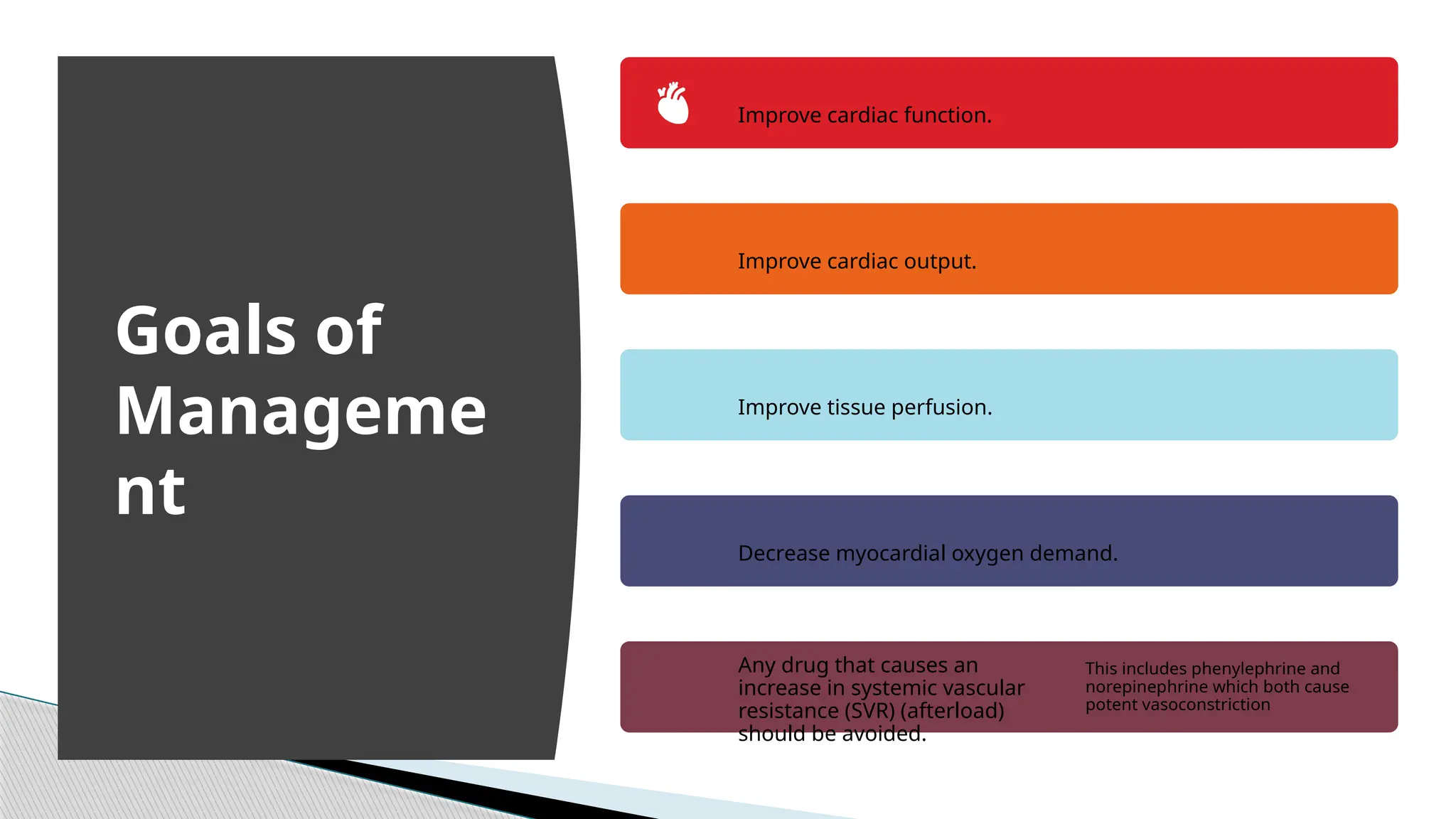 Improve cardiac function.
Improve cardiac output.
Improve tissue perfusion.
Decrease myocardial oxygen demand.
Any drug that causes an
increase in systemic vascular
resistance (SVR) (afterload)
should be avoided.
This includes phenylephrine and
norepinephrine which both cause
potent vasoconstriction
Goals of
Manageme
nt
 