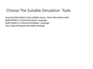 Choose The Suitable Simulation Tools
31
Assuming Simulation is the suitable means, three alternatives exist:
Build Model in a General Purpose Language
Build Model in a General Simulation Language
Use a Special Purpose Simulation Package
 