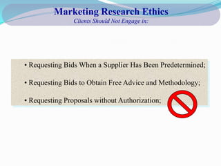 Marketing Research Ethics
                Clients Should Not Engage in:




• Requesting Bids When a Supplier Has Been Predetermined;

• Requesting Bids to Obtain Free Advice and Methodology;

• Requesting Proposals without Authorization;
 