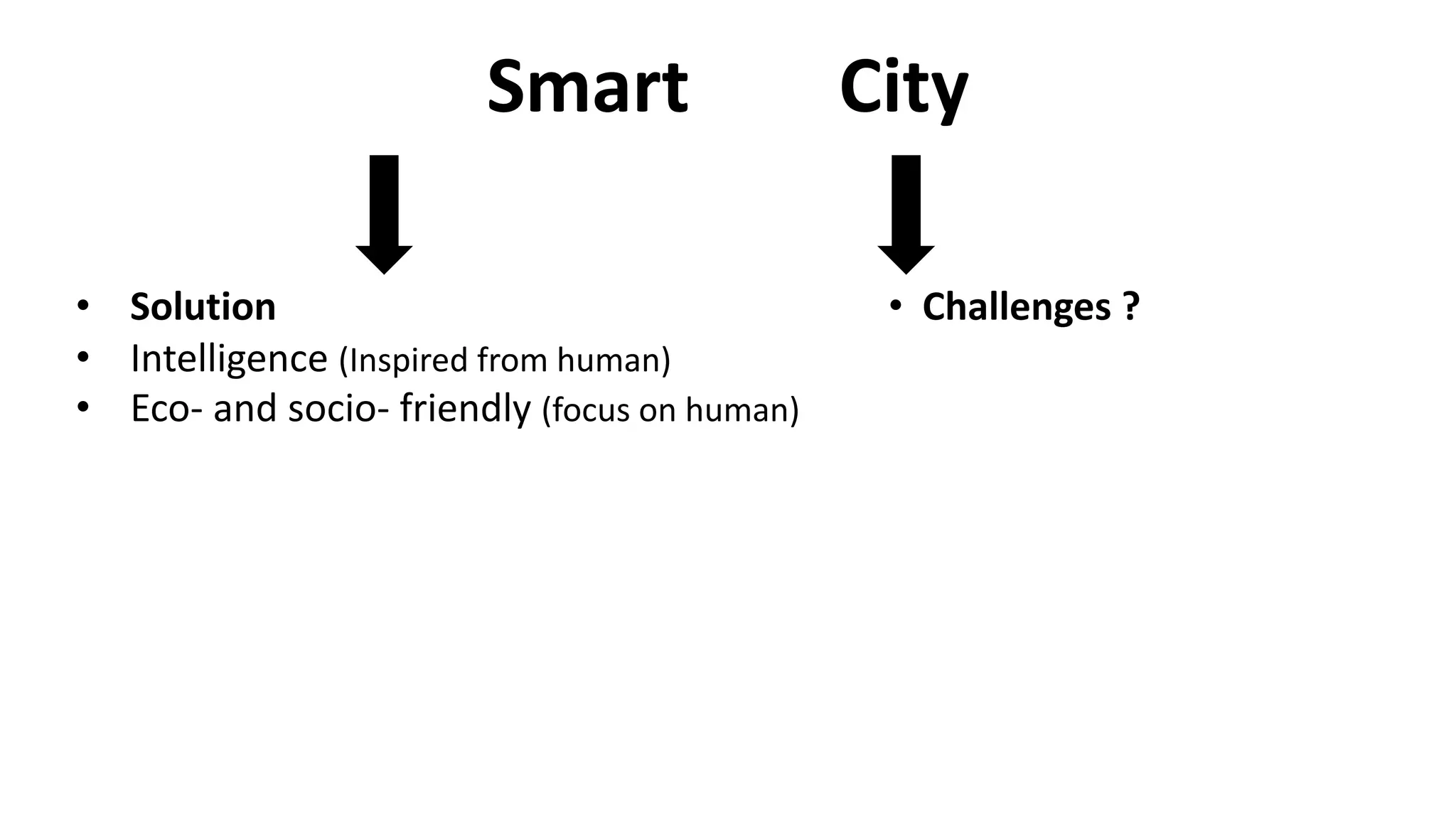 Smart City
• Challenges ?
• Solution
• Intelligence (Inspired from human)
• Eco- and socio- friendly (focus on human)
 