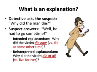 What is an explanation?
• Detective asks the suspect:
“Why did the man die?”
• Suspect answers: “Well, he
had to go sometime!”
– Intended explanandum: Why
did the victim die now {vs. die
at some other time}?
– Reinterpreted explanandum:
Why did the victim die at all
{vs. live forever}?
 