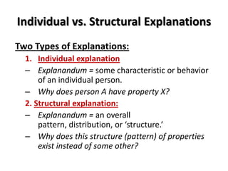 Individual vs. Structural Explanations
Two Types of Explanations:
1. Individual explanation
– Explanandum = some characteristic or behavior
of an individual person.
– Why does person A have property X?
2. Structural explanation:
– Explanandum = an overall
pattern, distribution, or ‘structure.’
– Why does this structure (pattern) of properties
exist instead of some other?
 