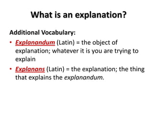 What is an explanation?
Additional Vocabulary:
• Explanandum (Latin) = the object of
explanation; whatever it is you are trying to
explain
• Explanans (Latin) = the explanation; the thing
that explains the explanandum.
 
