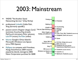 2001: Wikipedia

2000: Nupedia - articles written by experts licensed as free content
founded by Jimmy Wales with Larry Sanger (editor-in-chief)
2001: Wikipedia - a side-project of Nupedia, to allow collaboration on articles prior
to entering the peer-review process
Articles: 19,700 (2002), 3,835,000 (2012), 4,157,698 (2013)
Wiki pages: 29,355,491 (2013)
Social Web 2014, Lora Aroyo!
Monday, February 3, 14

 