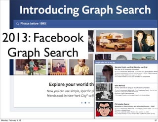 •
•
•

launched June 28, 2011

•
•
•
•
•
•
•
•

Stream, Circles, Hashtags, "What's hot" Stream

500 million registered users (2012), 235 million active on a monthly basis
"social layer" consisting of not just a single site, but rather an overarching
"layer"
Hangouts & Hangouts On-Air (instant webcasts over Google+)
Sparks - front-end to Google Search
Data Liberation
Ripples - re-sharing activity regarding a public post
Google+ Pages for organizations,
Google+ Local (former Google Places)
Google+ Events
Social Web 2014, Lora Aroyo!

Monday, February 3, 14

 