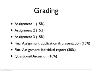 Grading
• Assignment 1 (15%)
• Assignment 2 (15%)
• Assignment 3 (15%)
• Final Assignment: application & presentation (15%)
• Final Assignment: individual report (30%)
• Questions/Discussion (10%)
Social Web 2014, Lora Aroyo!
Monday, February 3, 14

 