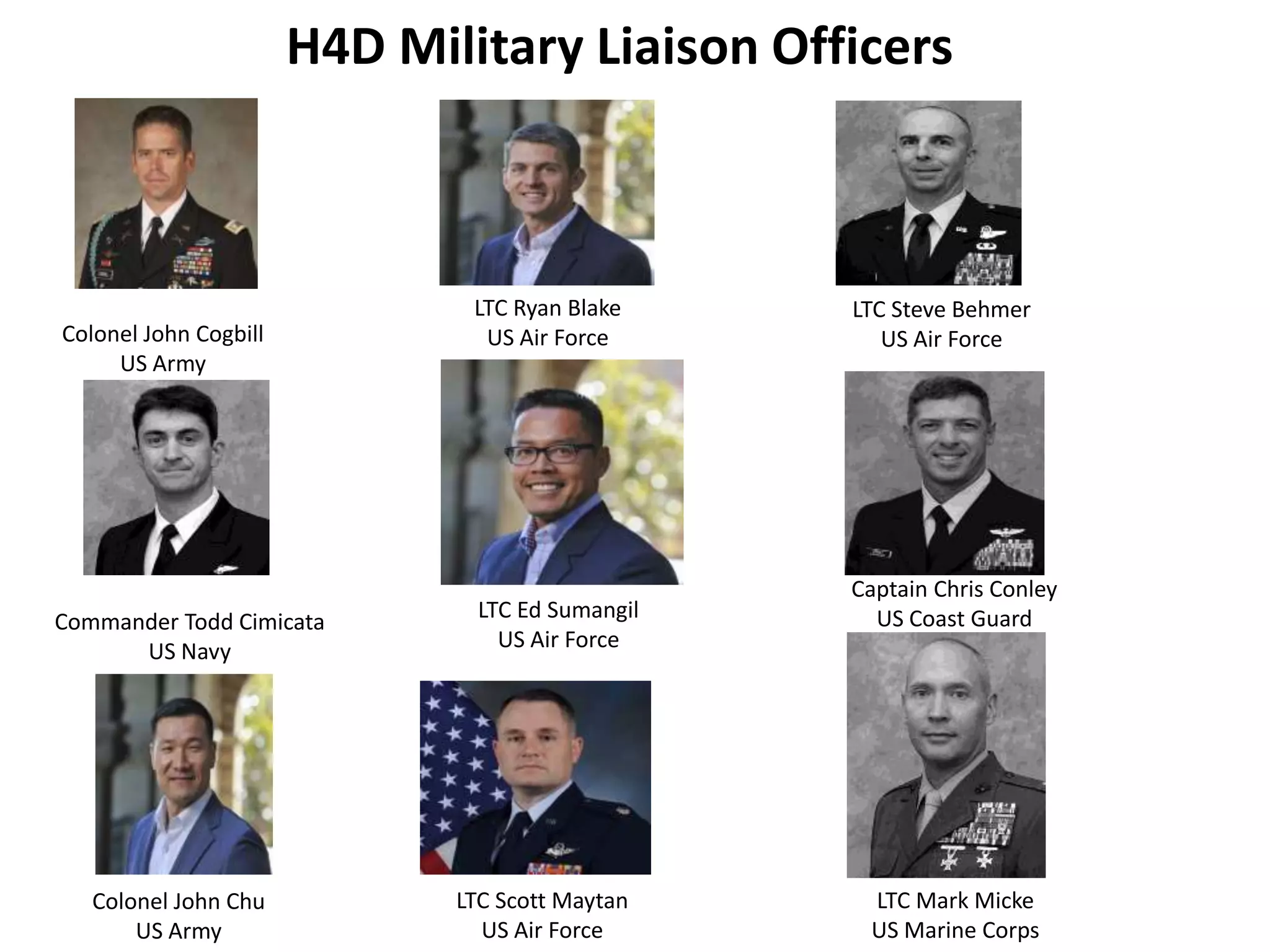 H4D Military Liaison Officers
Colonel John Cogbill
US Army
Commander Todd Cimicata
US Navy
LTC Ryan Blake
US Air Force
LTC Scott Maytan
US Air Force
LTC Ed Sumangil
US Air Force
LTC Steve Behmer
US Air Force
Captain Chris Conley
US Coast Guard
LTC Mark Micke
US Marine Corps
Colonel John Chu
US Army
 