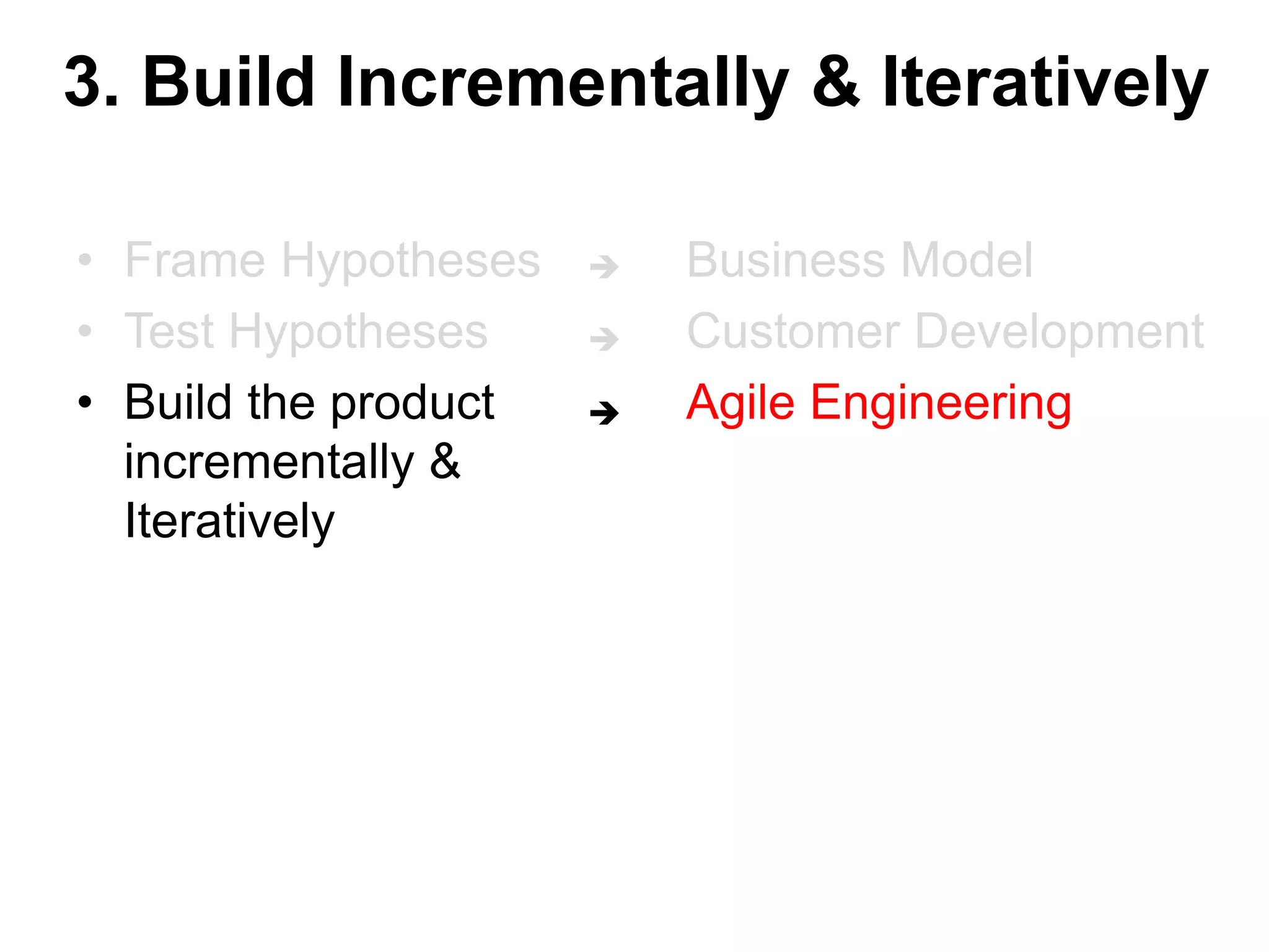 3. Build Incrementally & Iteratively
• Frame Hypotheses
• Test Hypotheses
• Build the product
incrementally &
Iteratively
Business Model
Customer Development
Agile Engineering



 