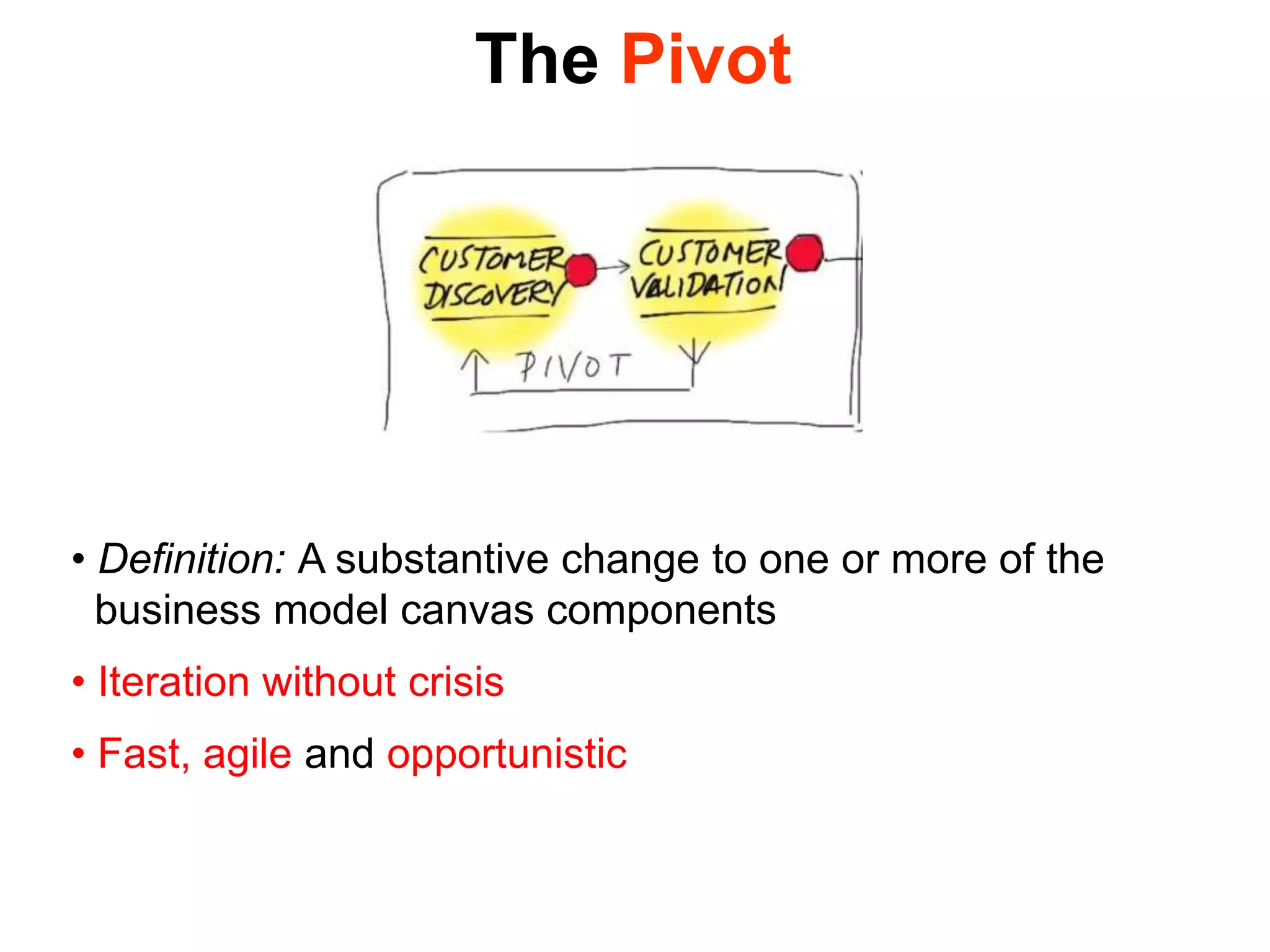 The Pivot
• Definition: A substantive change to one or more of the
business model canvas components
• Iteration without crisis
• Fast, agile and opportunistic
 