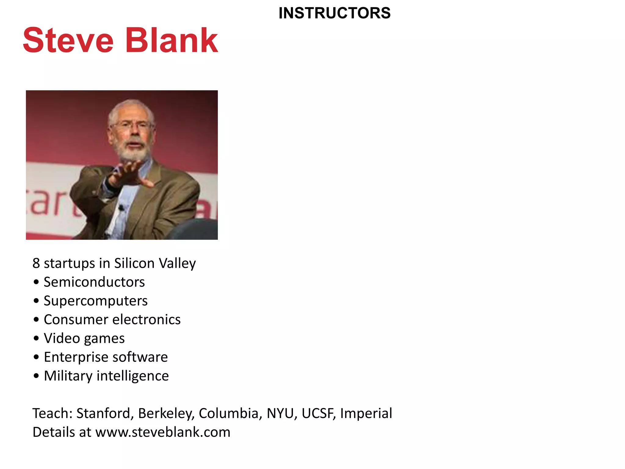 Steve Blank
8 startups in Silicon Valley
• Semiconductors
• Supercomputers
• Consumer electronics
• Video games
• Enterprise software
• Military intelligence
Teach: Stanford, Berkeley, Columbia, NYU, UCSF, Imperial
Details at www.steveblank.com
INSTRUCTORS
 