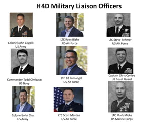 H4D Military Liaison Officers
Colonel John Cogbill
US Army
Commander Todd Cimicata
US Navy
LTC Ryan Blake
US Air Force
LTC Scott Maytan
US Air Force
LTC Ed Sumangil
US Air Force
LTC Steve Behmer
US Air Force
Captain Chris Conley
US Coast Guard
LTC Mark Micke
US Marine Corps
Colonel John Chu
US Army
 