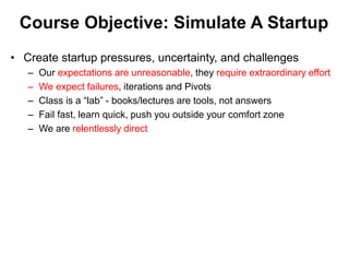 Course Objective: Simulate A Startup
• Create startup pressures, uncertainty, and challenges
– Our expectations are unreasonable, they require extraordinary effort
– We expect failures, iterations and Pivots
– Class is a “lab” - books/lectures are tools, not answers
– Fail fast, learn quick, push you outside your comfort zone
– We are relentlessly direct
 