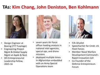 TAs: Kim Chang, John Deniston, Ben Kohlmann
• F/A-18 pilot
• Speechwriter for Cmdr, US
Fleet Forces
• Member Naval Warfare
Development Command's
Rapid Innovation Cell
• Co-Founder of the
Defense Entrepreneurs
Forum
• seven years Air Force
officer leading analysis in
national intel agencies,
special ops, and drone
missions
• deployed multiple times
in Afghanistan embedded
with an Army Special
Operations team
• Design Engineer at
Boeing (777 Fuselage)
• Engineering Project
Mgmt & Global Supply
Mgmt at Apple & Nest
• DFJ Entrepreneurial
Leadership Fellow,
2015-16
 
