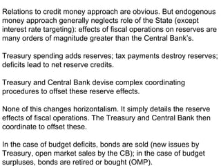 Relations to credit money approach are obvious. But endogenous money approach generally neglects role of the State (except interest rate targeting): effects of fiscal operations on reserves are many orders of magnitude greater than the Central Bank’s. Treasury spending adds reserves; tax payments destroy reserves; deficits lead to net reserve credits. Treasury and Central Bank devise complex coordinating procedures to offset these reserve effects.  None of this changes horizontalism. It simply details the reserve effects of fiscal operations. The Treasury and Central Bank then coordinate to offset these.  In the case of budget deficits, bonds are sold (new issues by Treasury, open market sales by the CB); in the case of budget surpluses, bonds are retired or bought (OMP). 